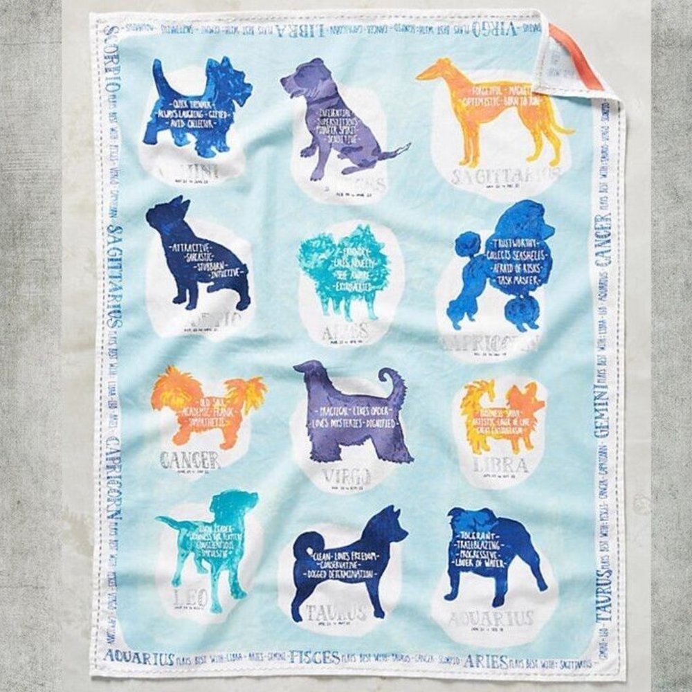Anthropologie ZODIAC COMPANION Dish Towel blue dogs animal lover star power BOLO